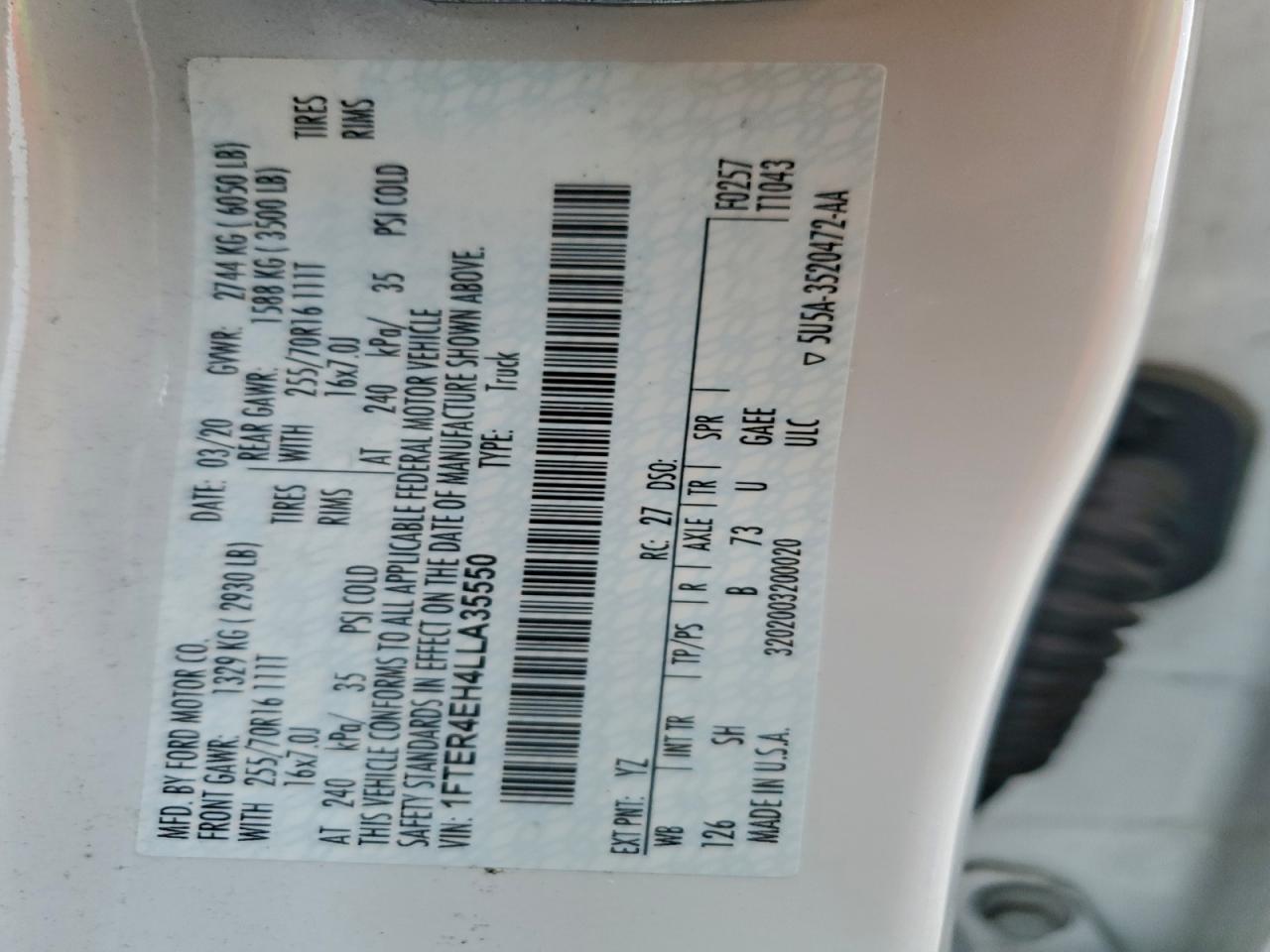 2020 Ford Ranger Xl VIN: 1FTER4EH4LLA35550 Lot: 94034855