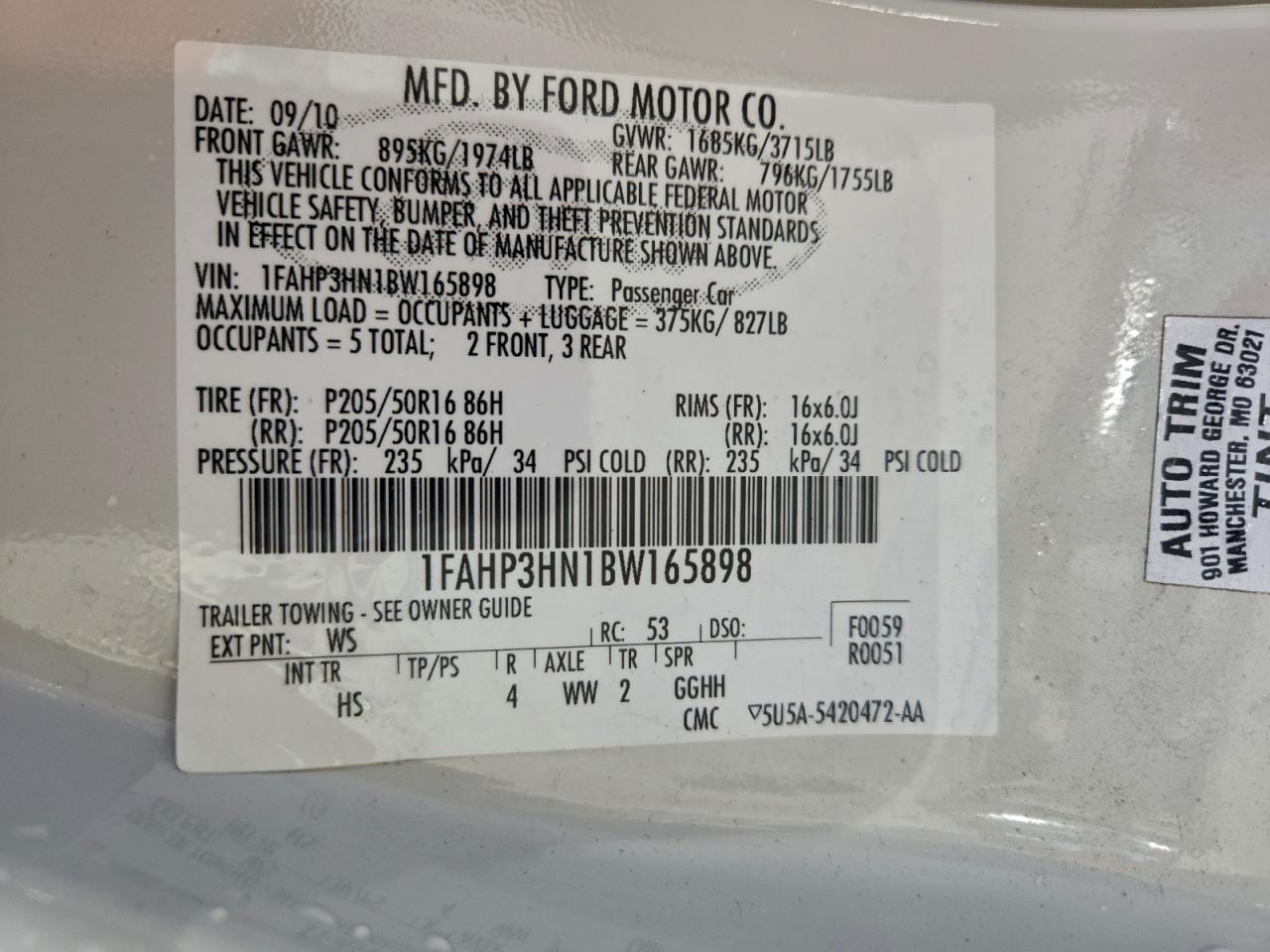 2011 Ford Focus Sel VIN: 1FAHP3HN1BW165898 Lot: 94342275