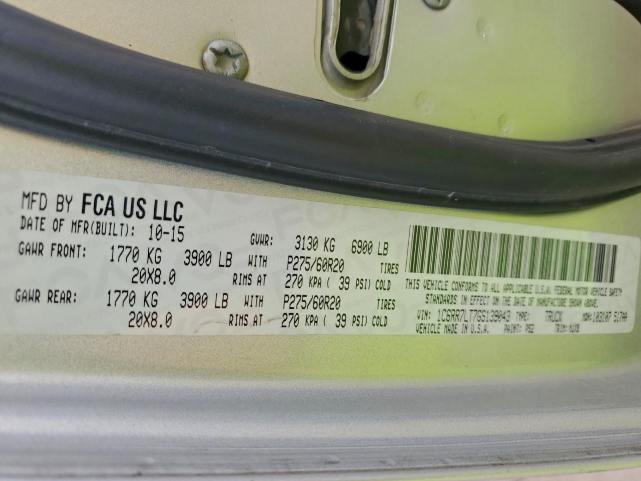 2016 Ram 1500 Slt VIN: 1C6RR7LT7GS139043 Lot: 93083915