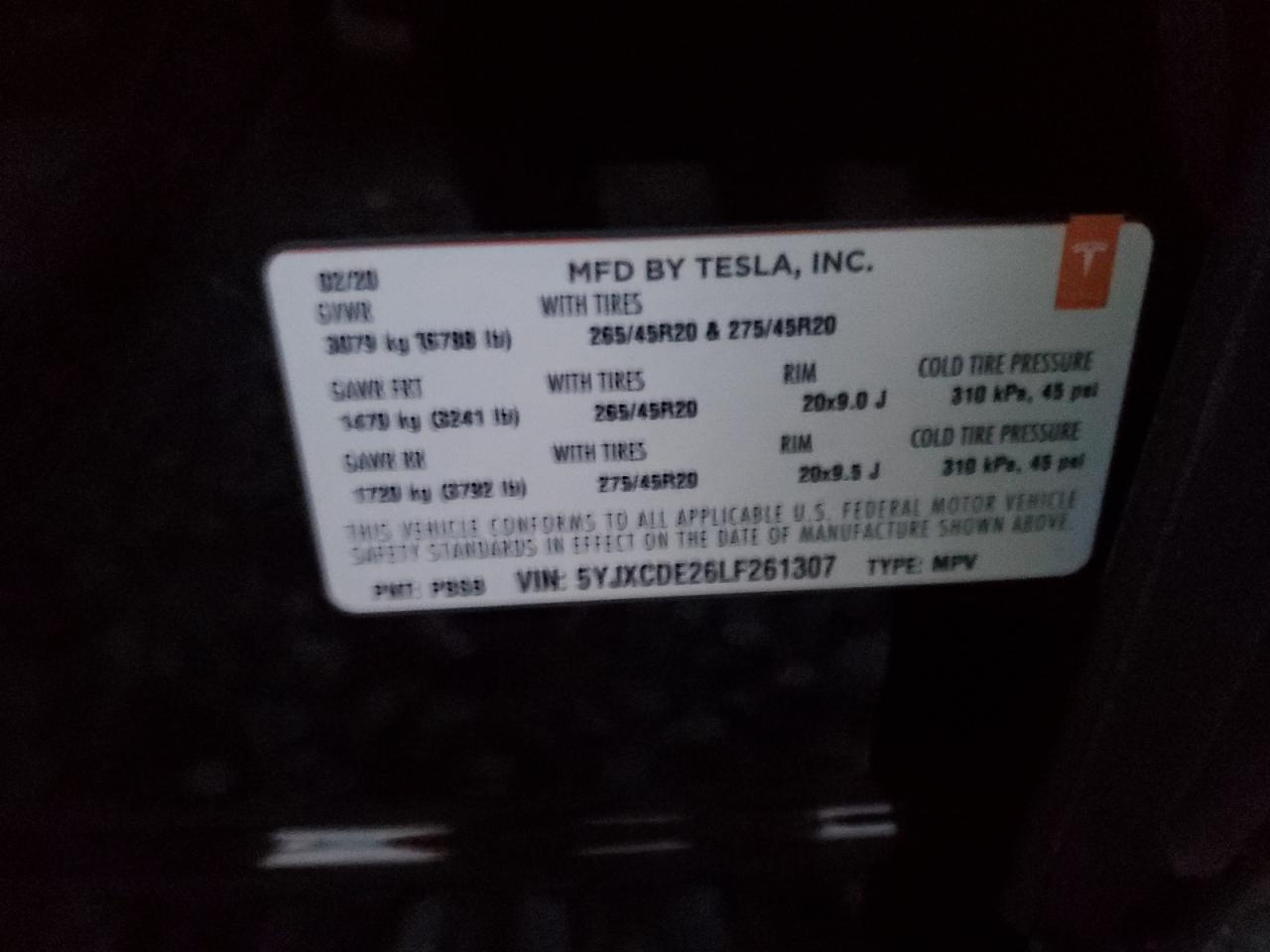 2020 Tesla Model X VIN: 5YJXCDE26LF261307 Lot: 93281155