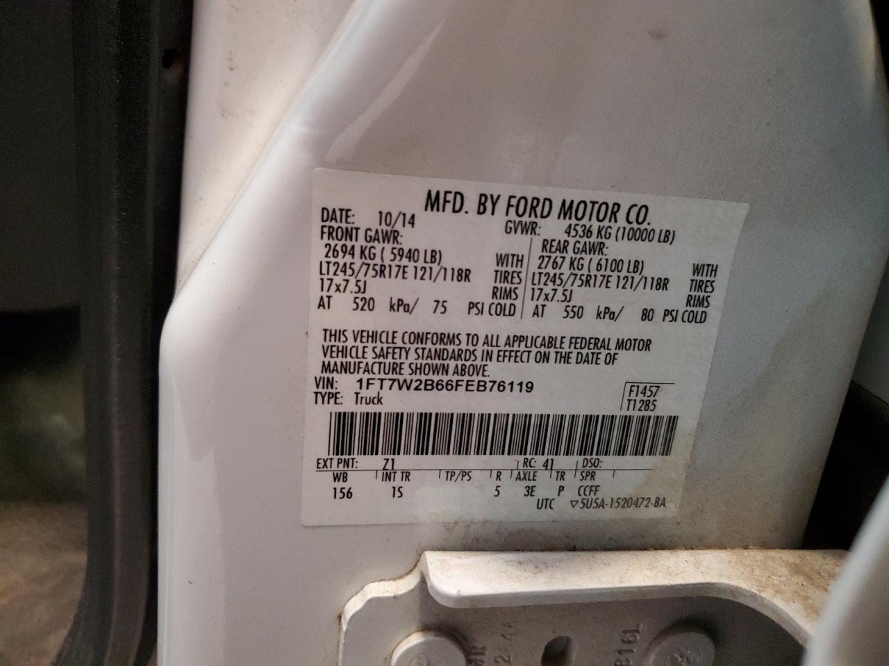 2015 Ford F250 Super Duty VIN: 1FT7W2B66FEB76119 Lot: 91904925