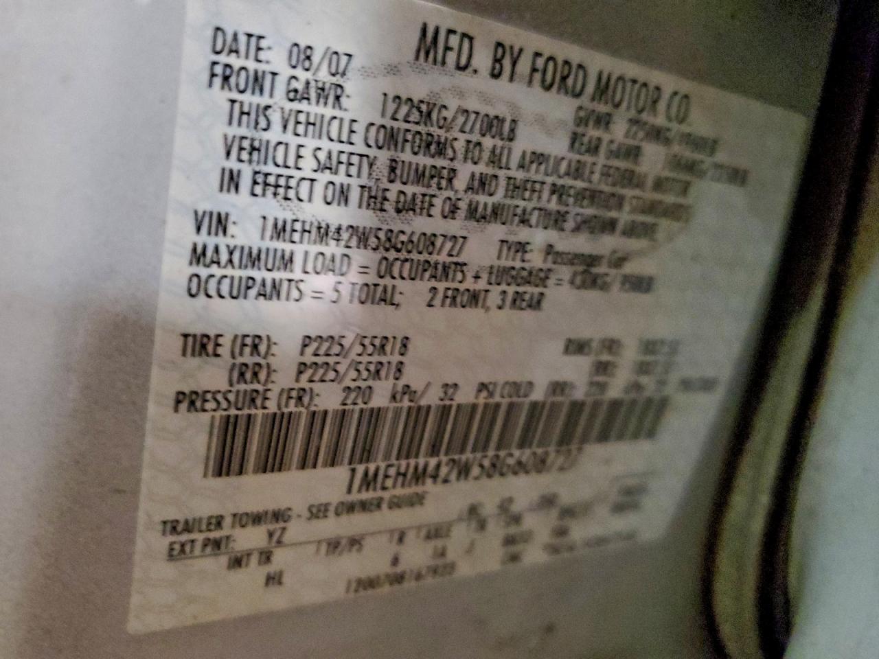 2008 Mercury Sable Premier VIN: 1MEHM42W58G608727 Lot: 94279395