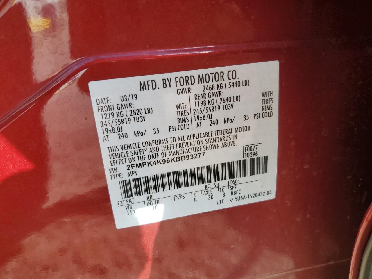 2019 Ford Edge Titanium VIN: 2FMPK4K96KBB93277 Lot: 92154035