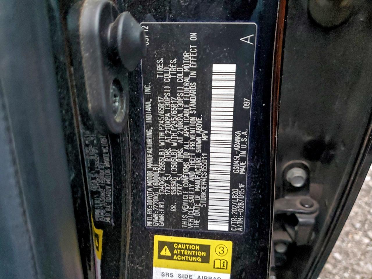 2012 Toyota Highlander Base VIN: 5TDBK3EH4CS155011 Lot: 93349235