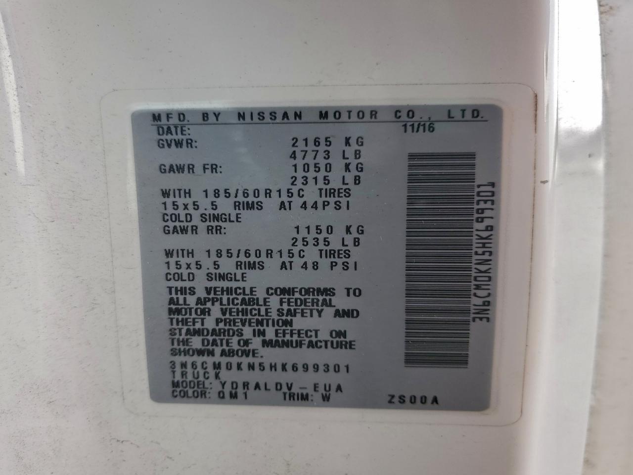 2017 Nissan Nv200 2.5S VIN: 3N6CM0KN5HK699301 Lot: 93531005