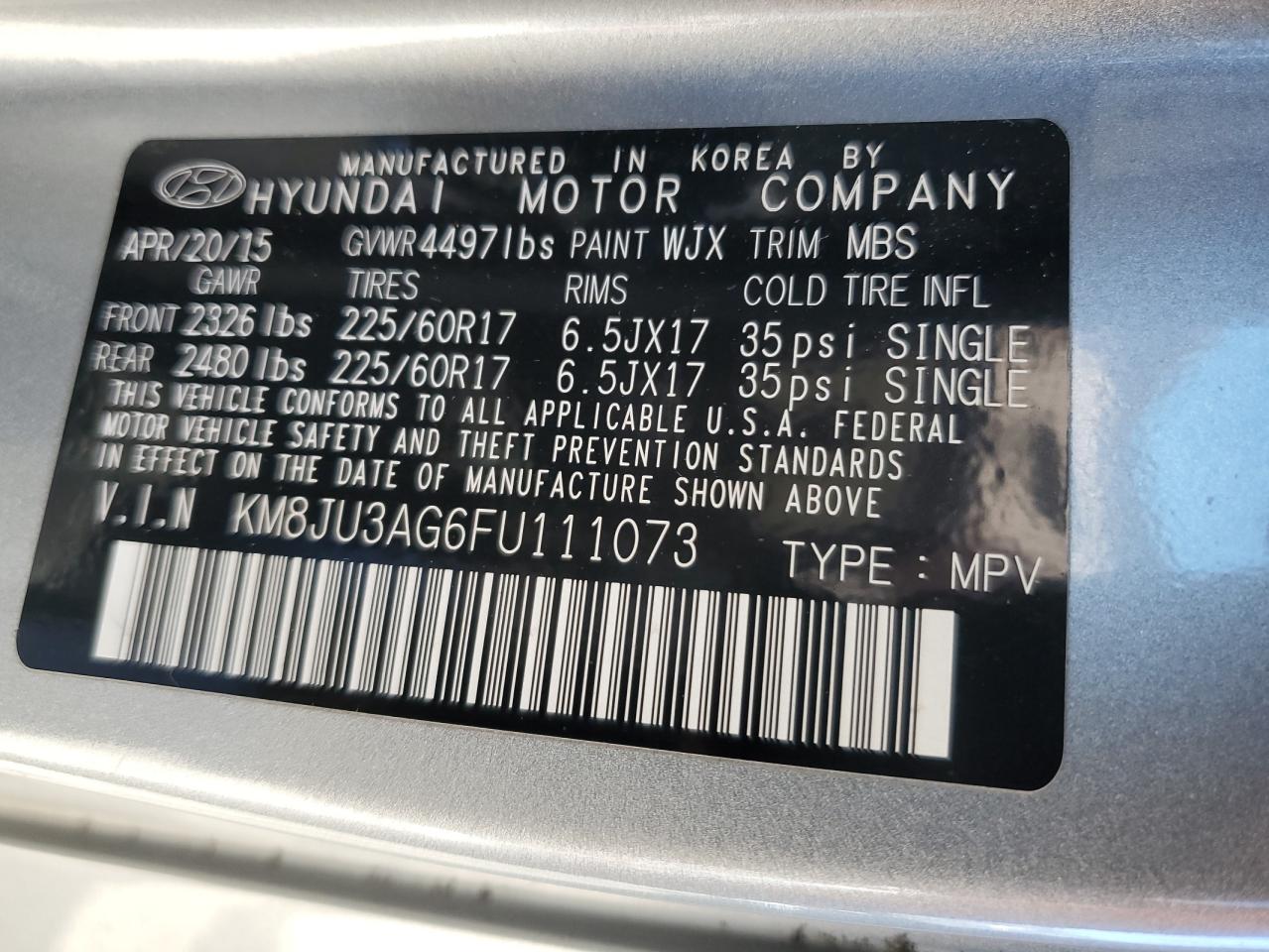 2015 Hyundai Tucson Limited VIN: KM8JU3AG6FU111073 Lot: 92055775