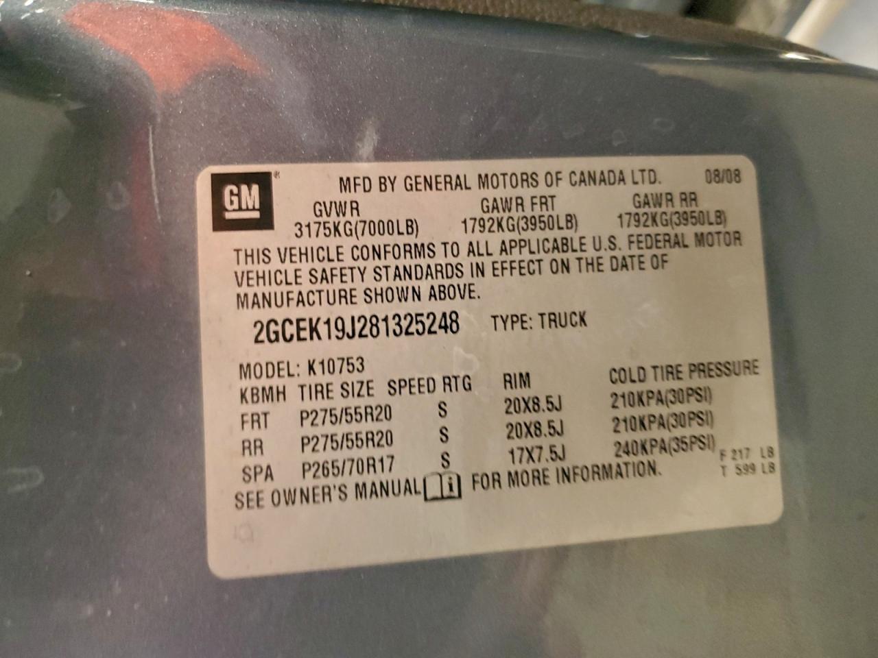 2008 Chevrolet Silverado K1500 VIN: 2GCEK19J281325248 Lot: 94268575