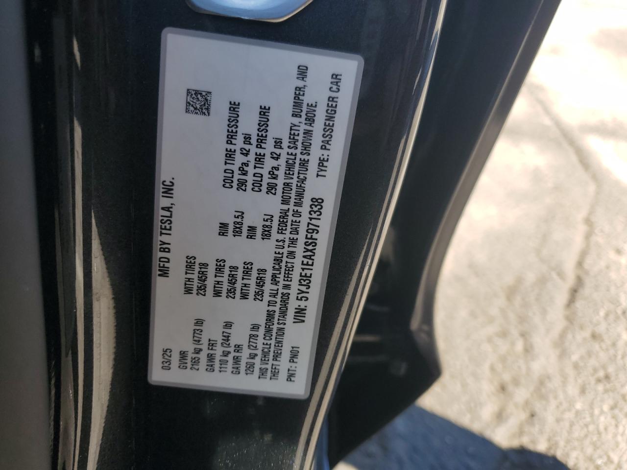 2025 Tesla Model 3 VIN: 5YJ3E1EAXSF971338 Lot: 91927695