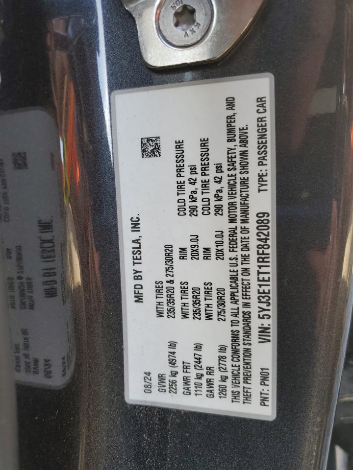 2024 Tesla Model 3 VIN: 5YJ3E1ET1RF842089 Lot: 92467205