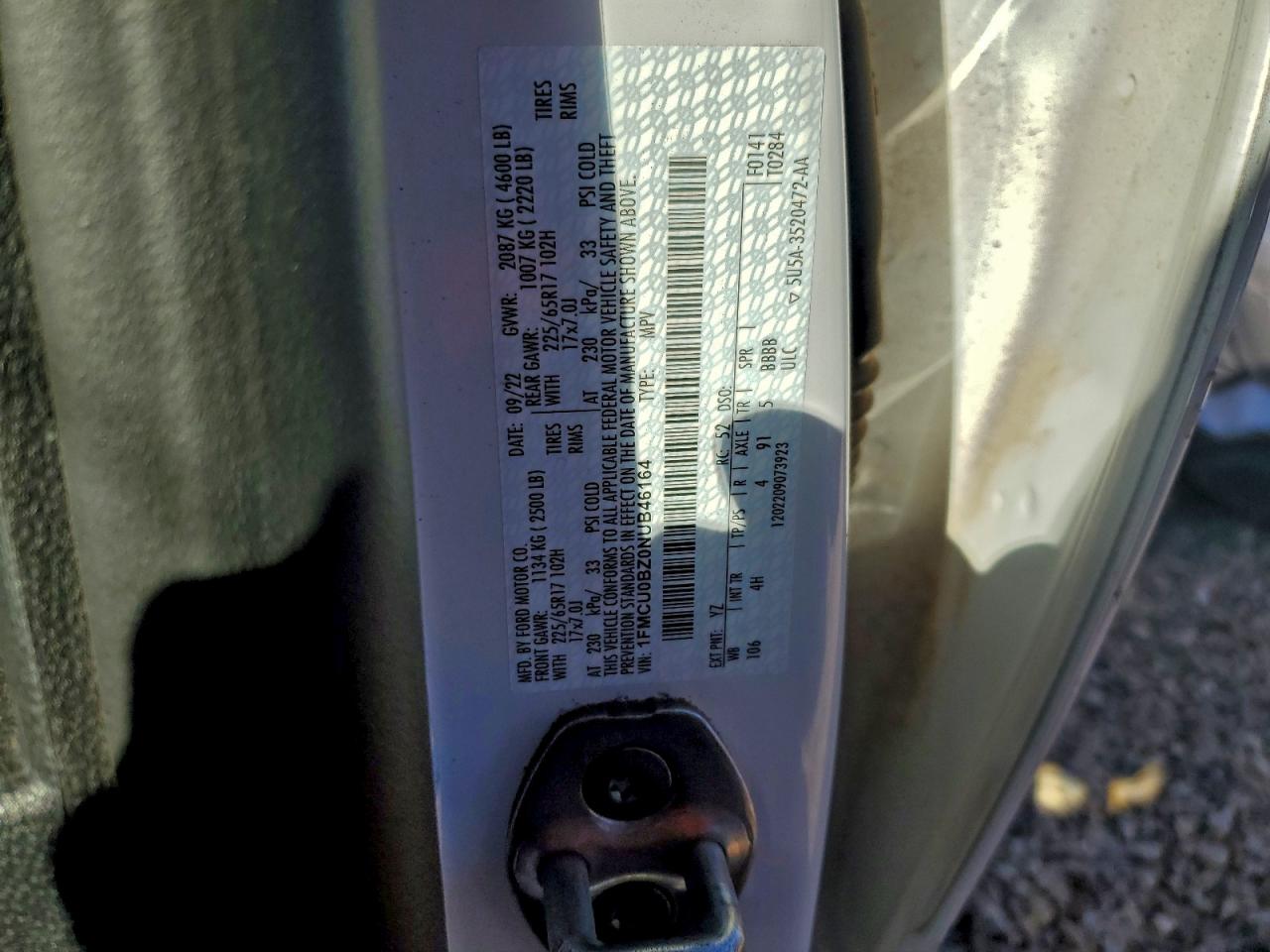 2022 Ford Escape Se VIN: 1FMCU0BZ0NUB46164 Lot: 92058525