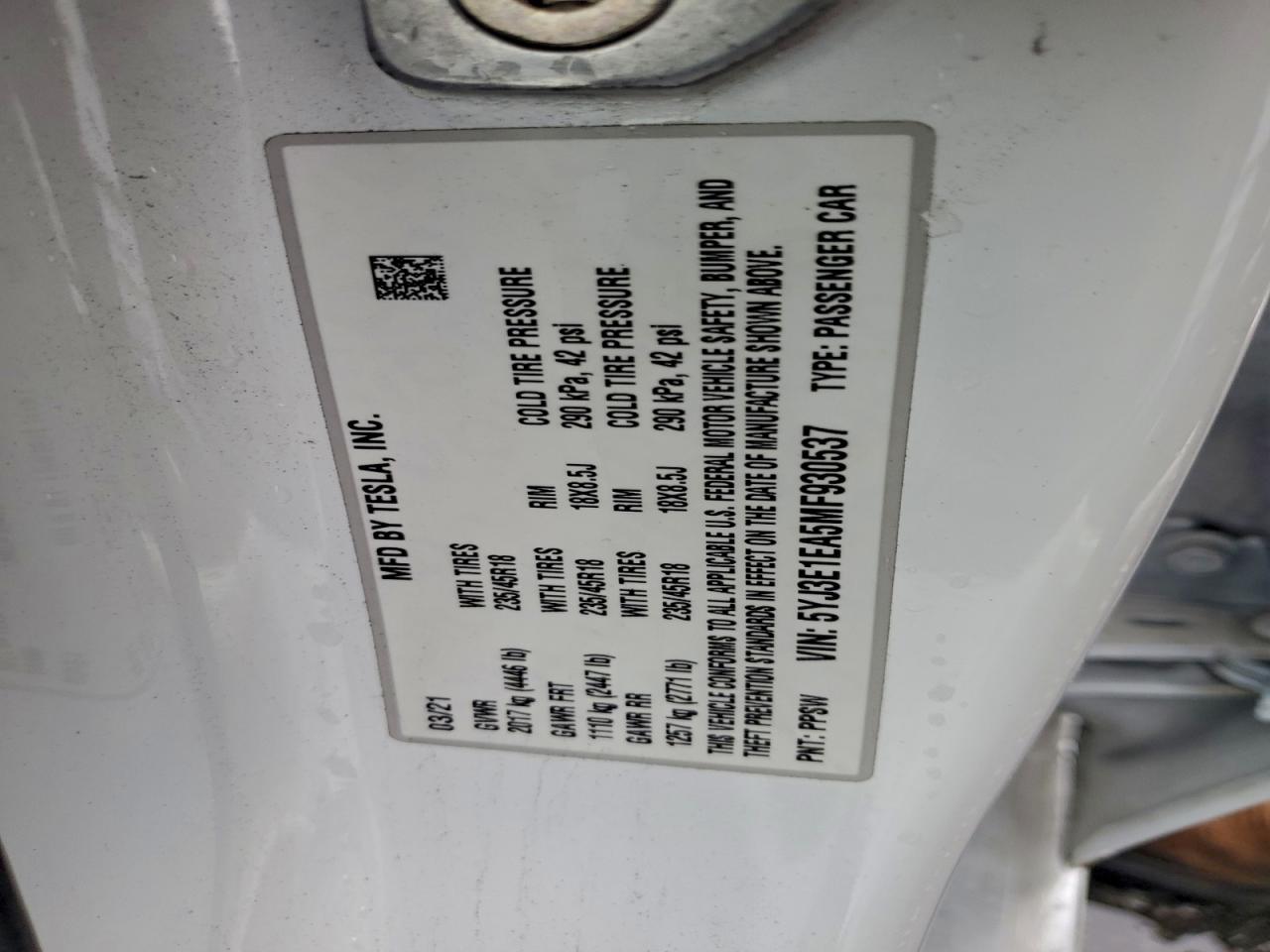 2021 Tesla Model 3 VIN: 5YJ3E1EA5MF930537 Lot: 92749055