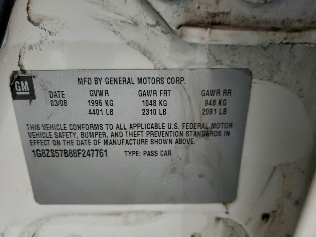 2008 Saturn Aura Xe VIN: 1G8ZS57B88F247761 Lot: 94549325