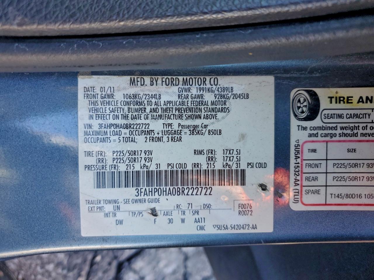2011 Ford Fusion Se VIN: 3FAHP0HA0BR222722 Lot: 94416845