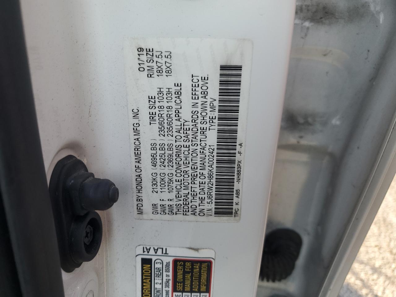 2019 Honda Cr-V Exl VIN: 5J6RW2H86KA002421 Lot: 90895465