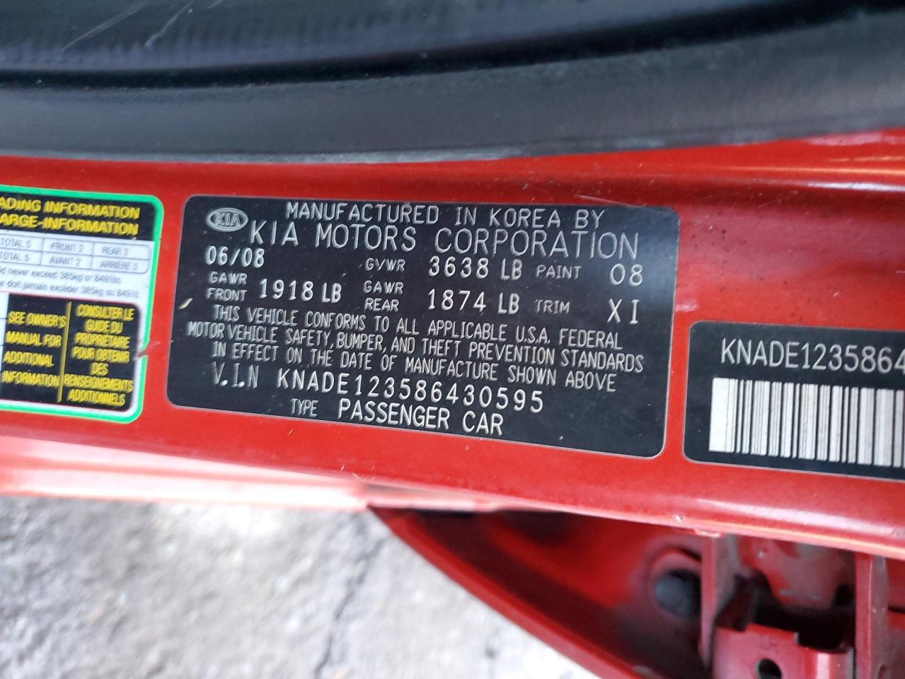 2008 Kia Rio Base VIN: KNADE123586430595 Lot: 91803265