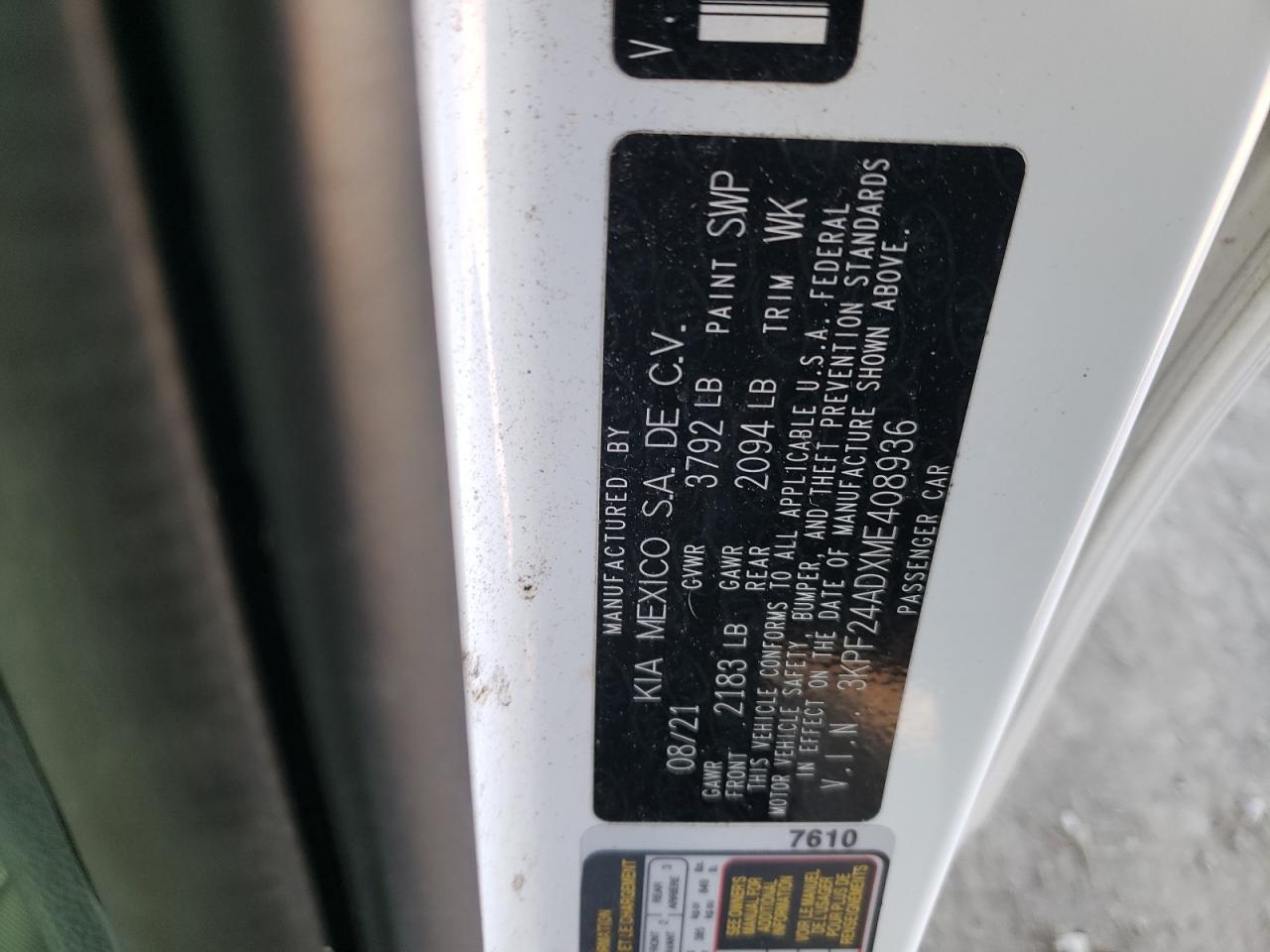 2021 Kia Forte Fe VIN: 3KPF24ADXME408936 Lot: 93237235