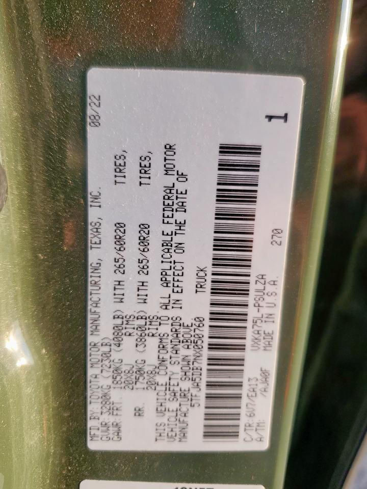 2022 Toyota Tundra Crewmax Limited VIN: 5TFJA5DB7NX050760 Lot: 92584815