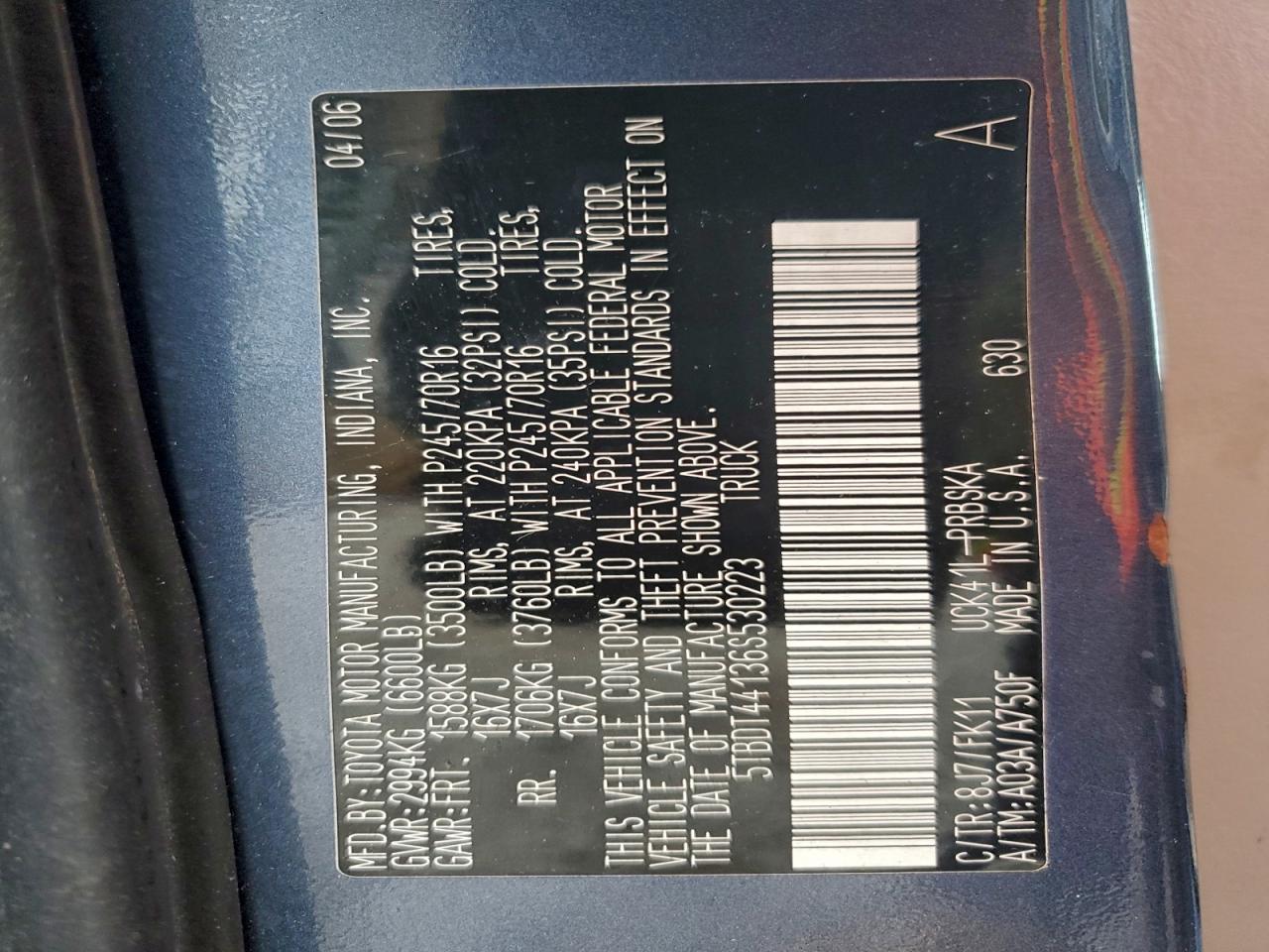 2006 Toyota Tundra Double Cab Sr5 VIN: 5TBDT44136S530223 Lot: 94671255