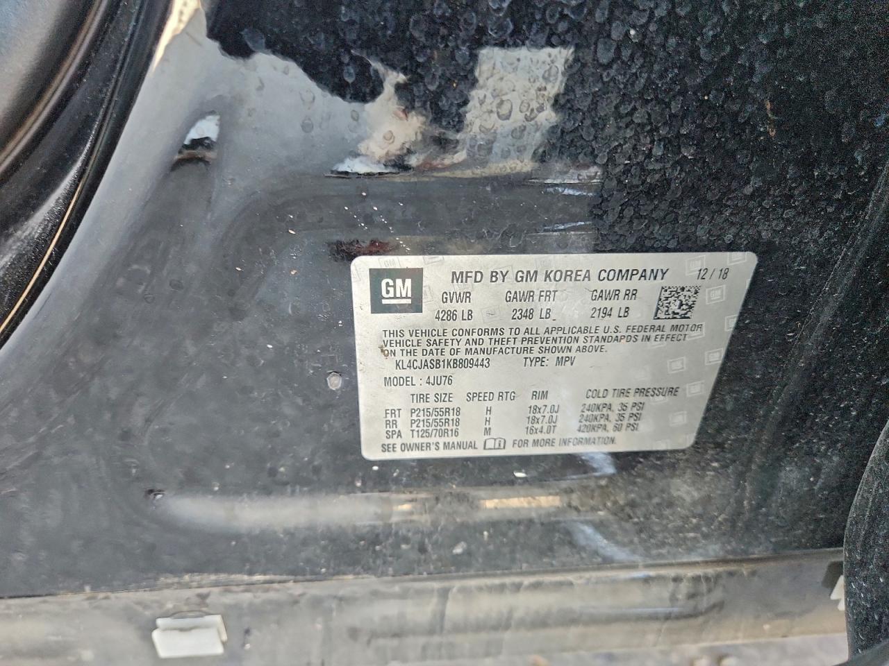 2019 Buick Encore Preferred VIN: KL4CJASB1KB809443 Lot: 93540505