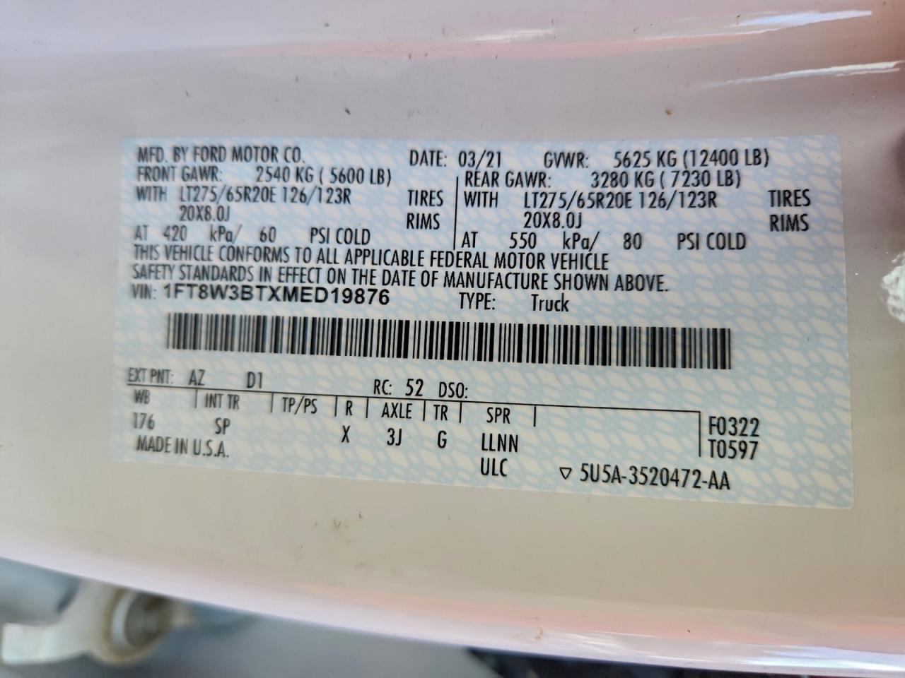 2021 Ford F350 Super Duty VIN: 1FT8W3BTXMED19876 Lot: 93216475