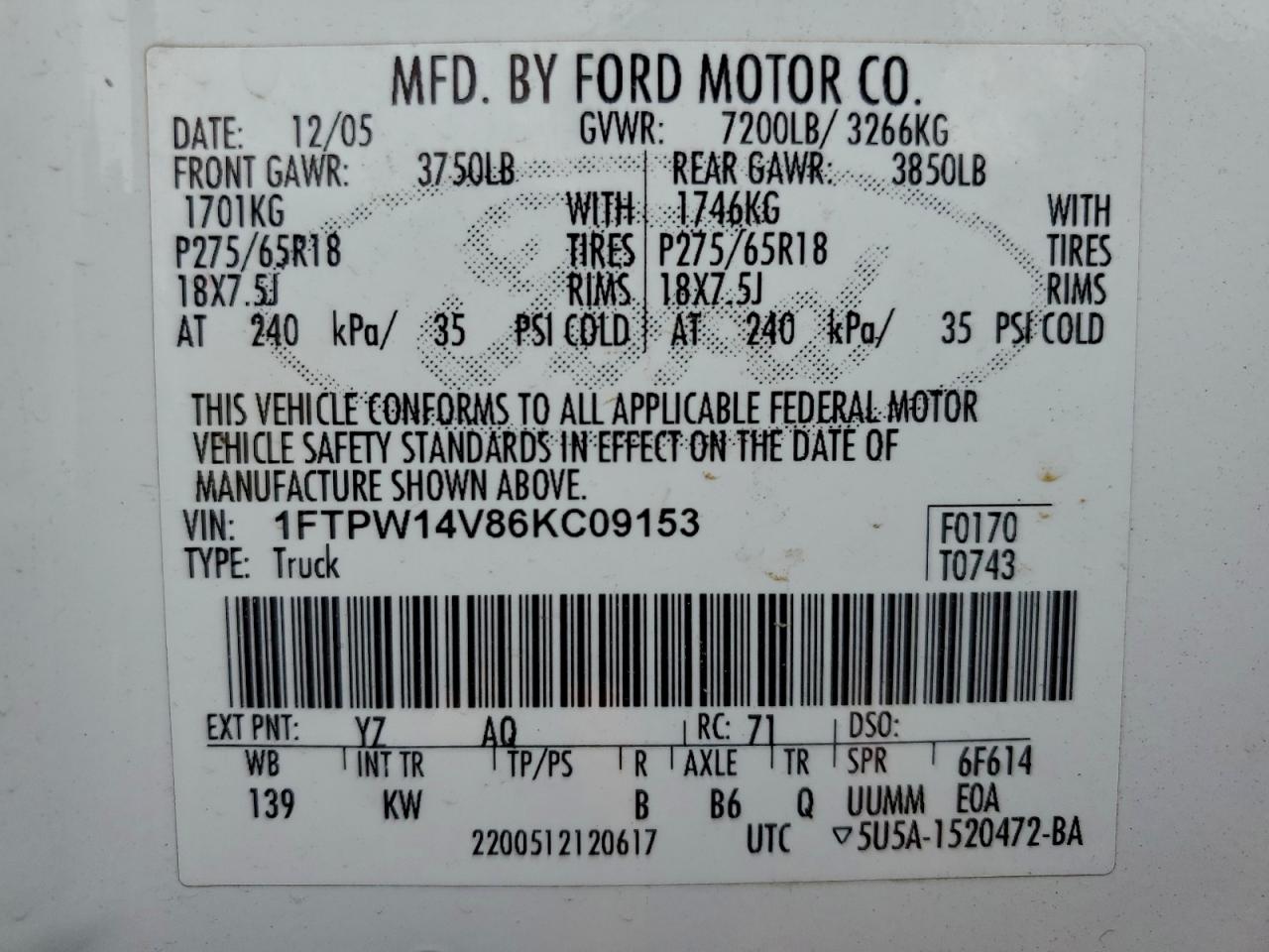 2006 Ford F150 Supercrew VIN: 1FTPW14V86KC09153 Lot: 93975085