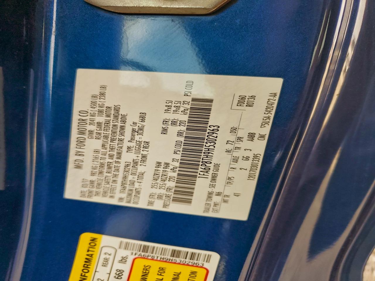 2017 Ford Mustang VIN: 1FA6P8TH9H5302963 Lot: 93496565