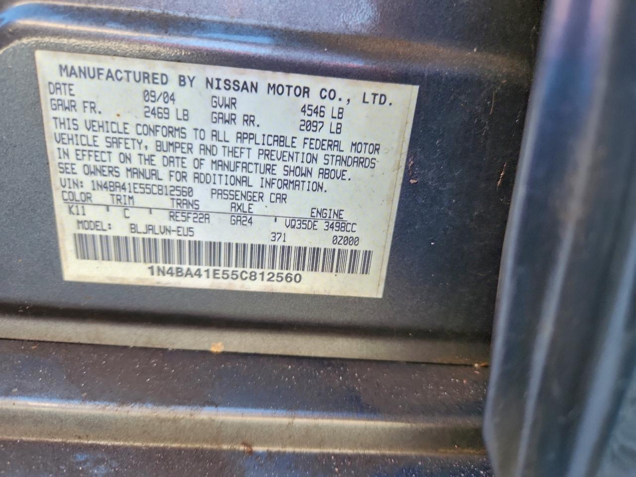 2005 Nissan Maxima Se VIN: 1N4BA41E55C812560 Lot: 94220545