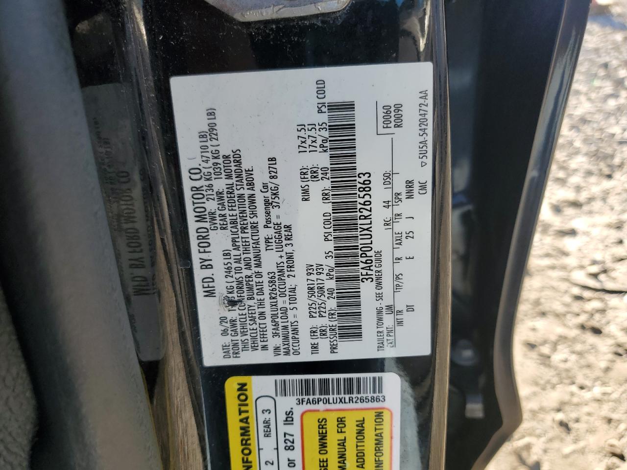 2020 Ford Fusion Se VIN: 3FA6P0LUXLR265863 Lot: 92581605