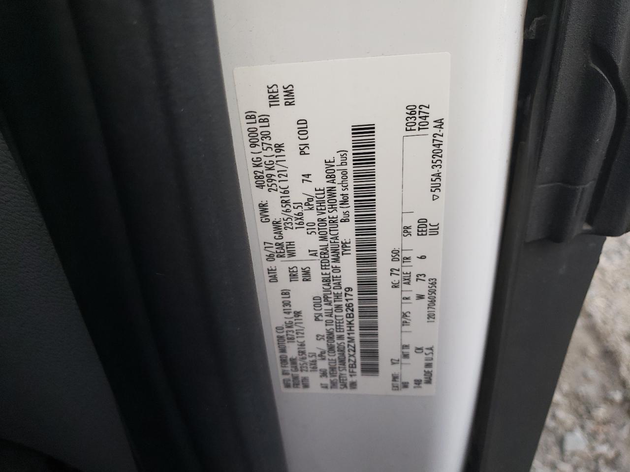 2017 Ford Transit T-350 VIN: 1FBZX2ZM1HKB26179 Lot: 92465465