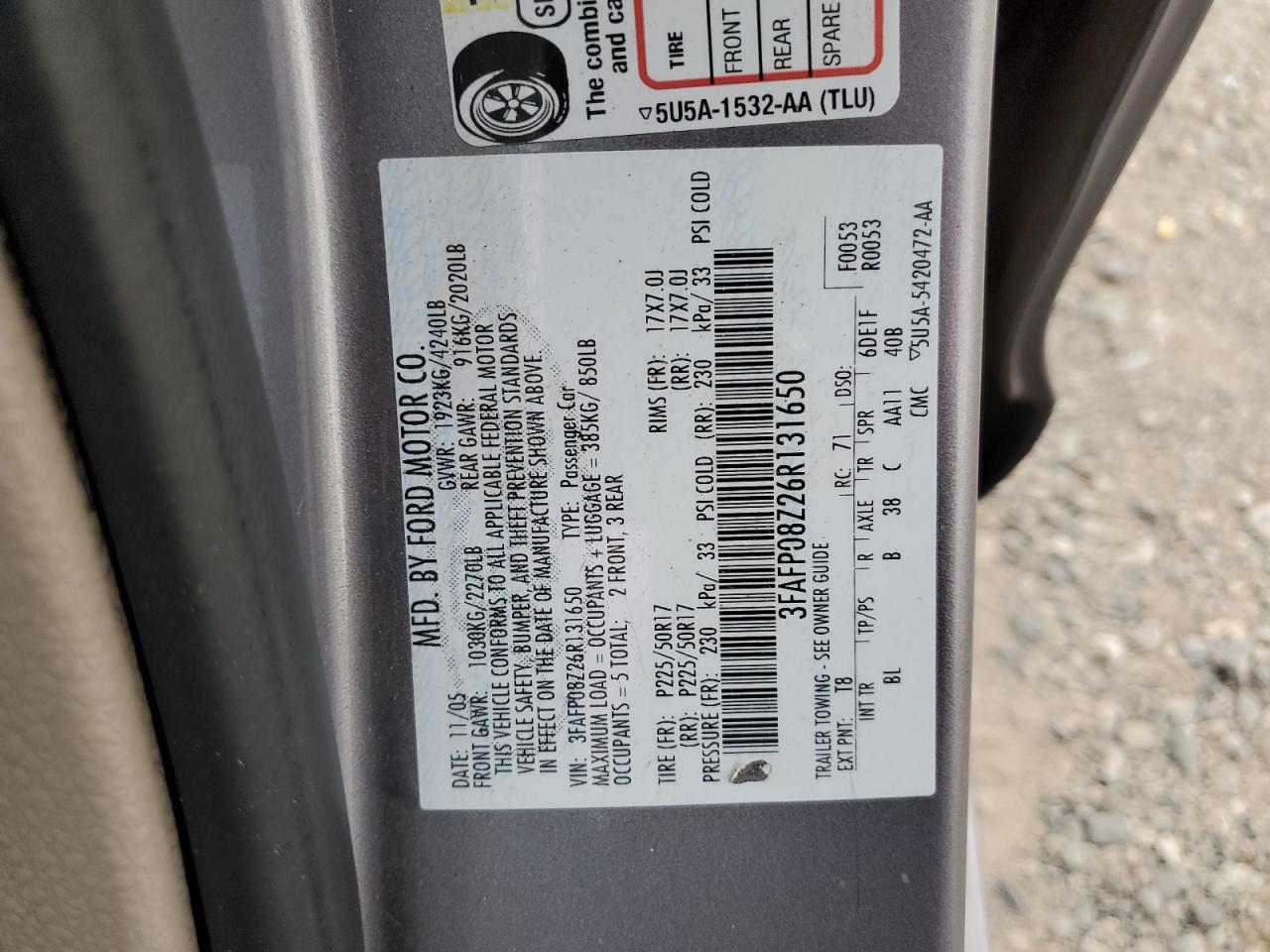 2006 Ford Fusion Sel VIN: 3FAFP08Z26R131650 Lot: 91224165