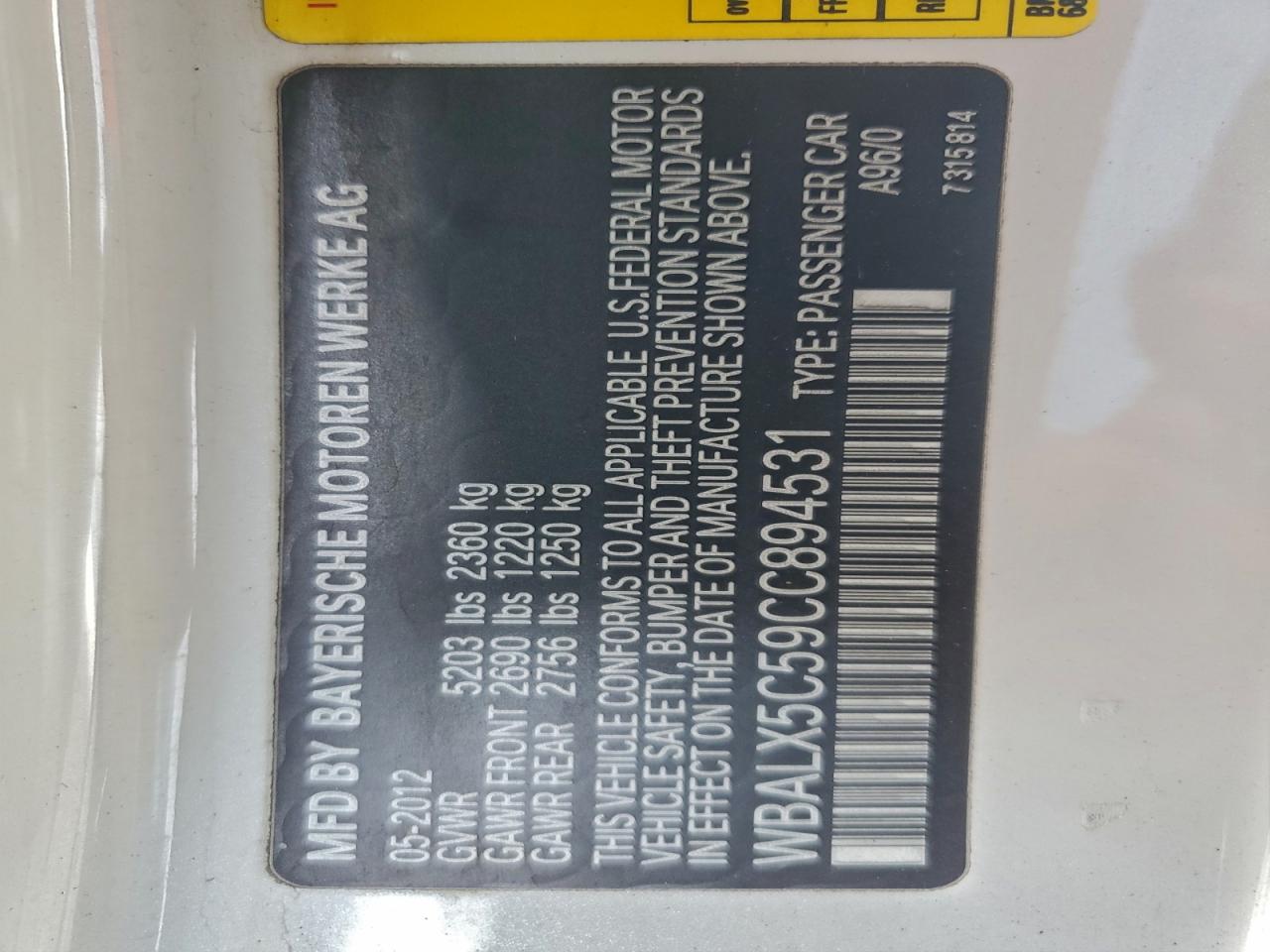 2012 BMW 650 Xi VIN: WBALX5C59CC894531 Lot: 94411845