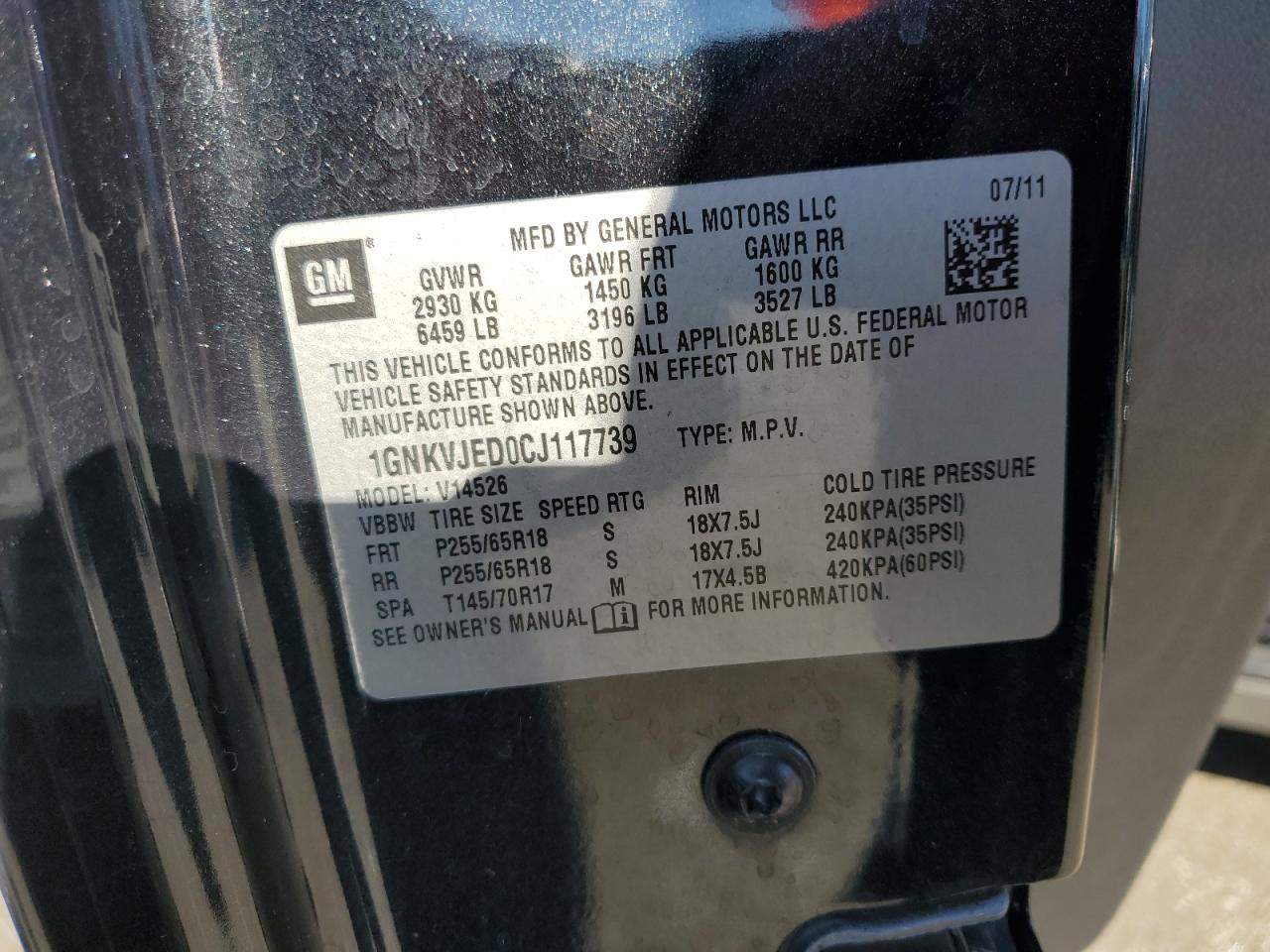 2012 Chevrolet Traverse Lt VIN: 1GNKVJED0CJ117739 Lot: 90724515