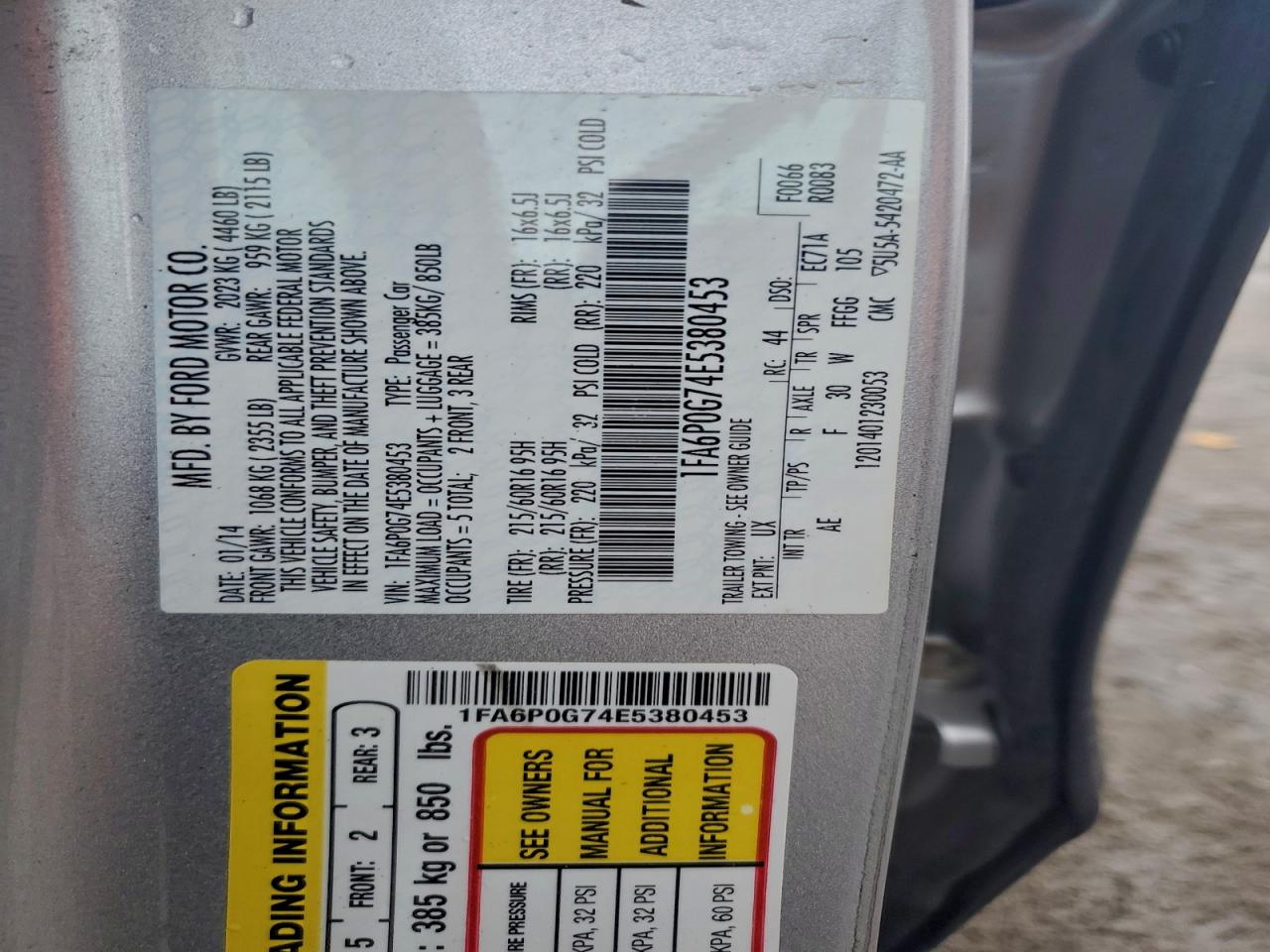 2014 Ford Fusion S VIN: 1FA6P0G74E5380453 Lot: 93957265