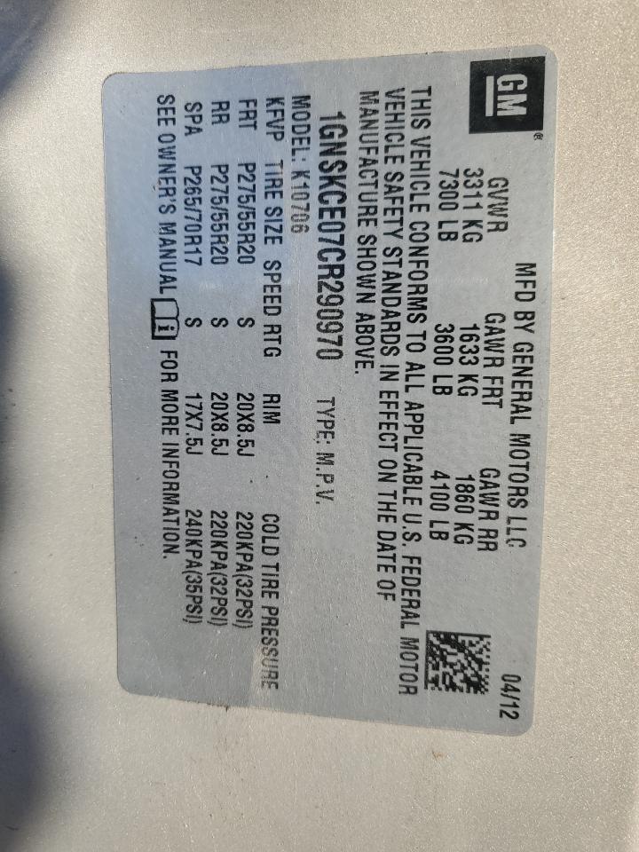 2012 Chevrolet Tahoe K1500 Ltz VIN: 1GNSKCE07CR290970 Lot: 92178055