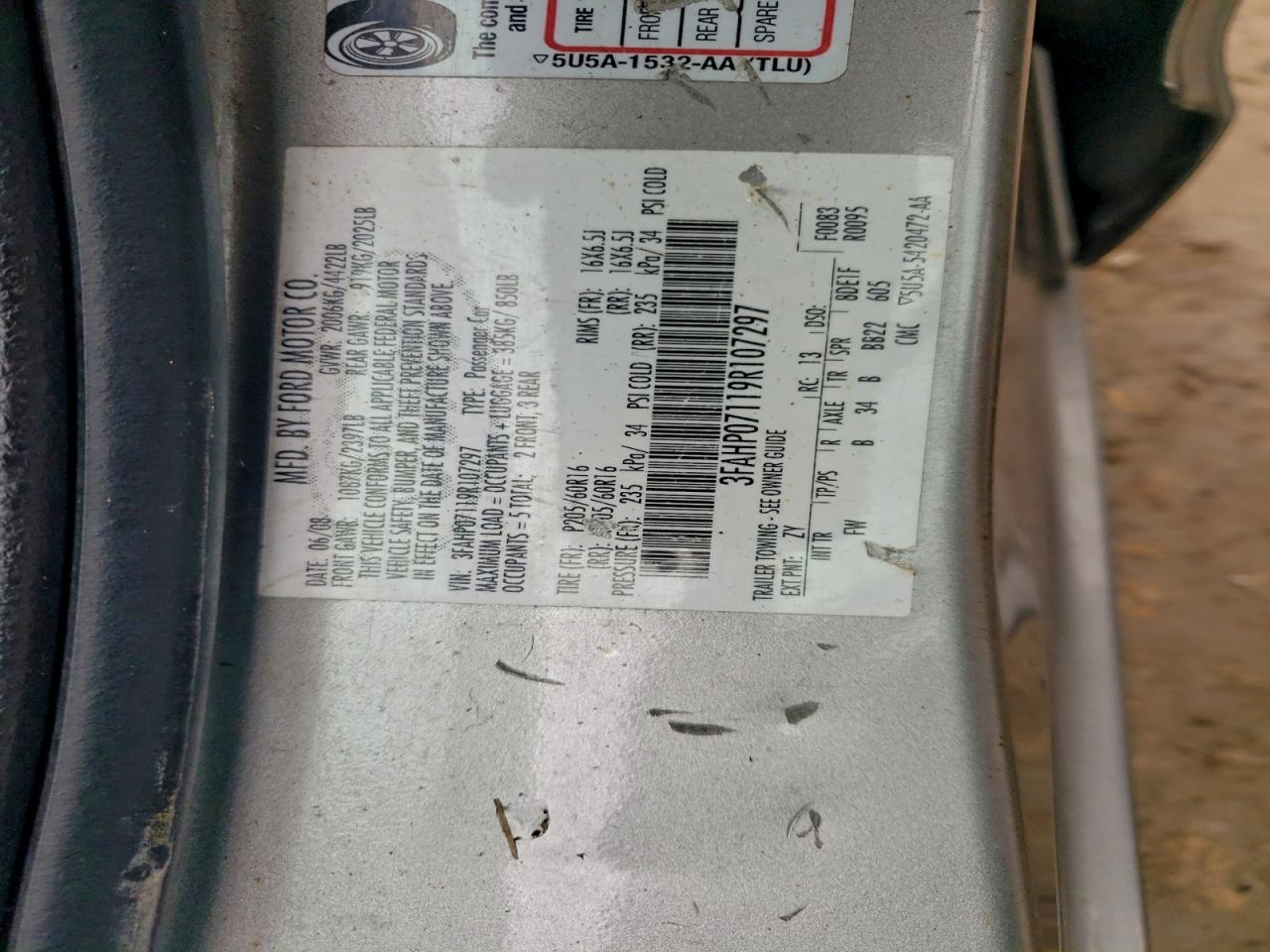 2009 Ford Fusion Se VIN: 3FAHP07119R107297 Lot: 93960325