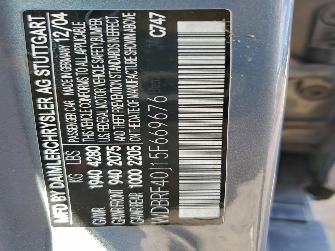 2005 Mercedes-Benz C 230K Sport Sedan VIN: WDBRF40J15F669676 Lot: 93912205