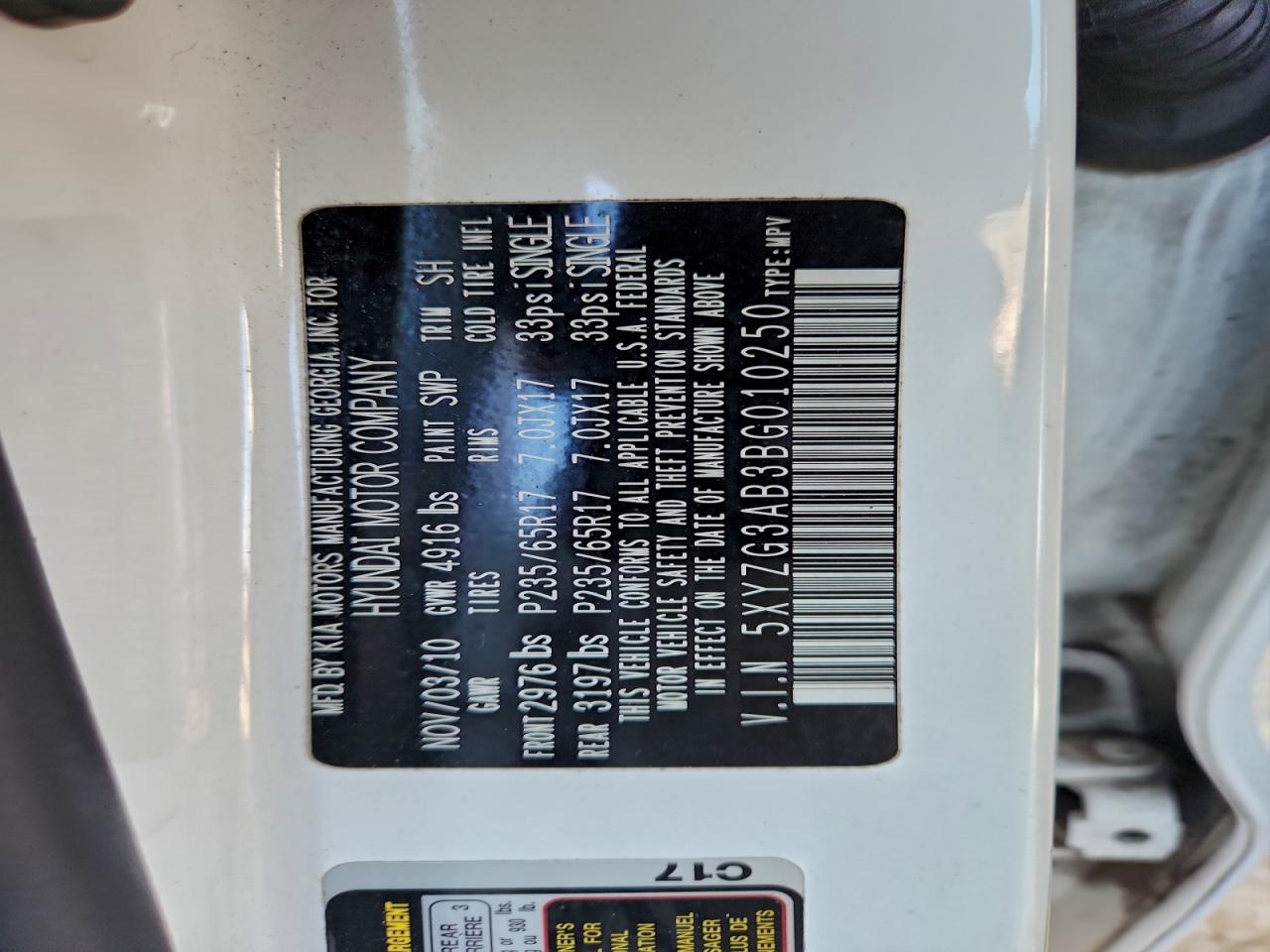 2011 Hyundai Santa Fe Gls VIN: 5XYZG3AB3BG010250 Lot: 93775225