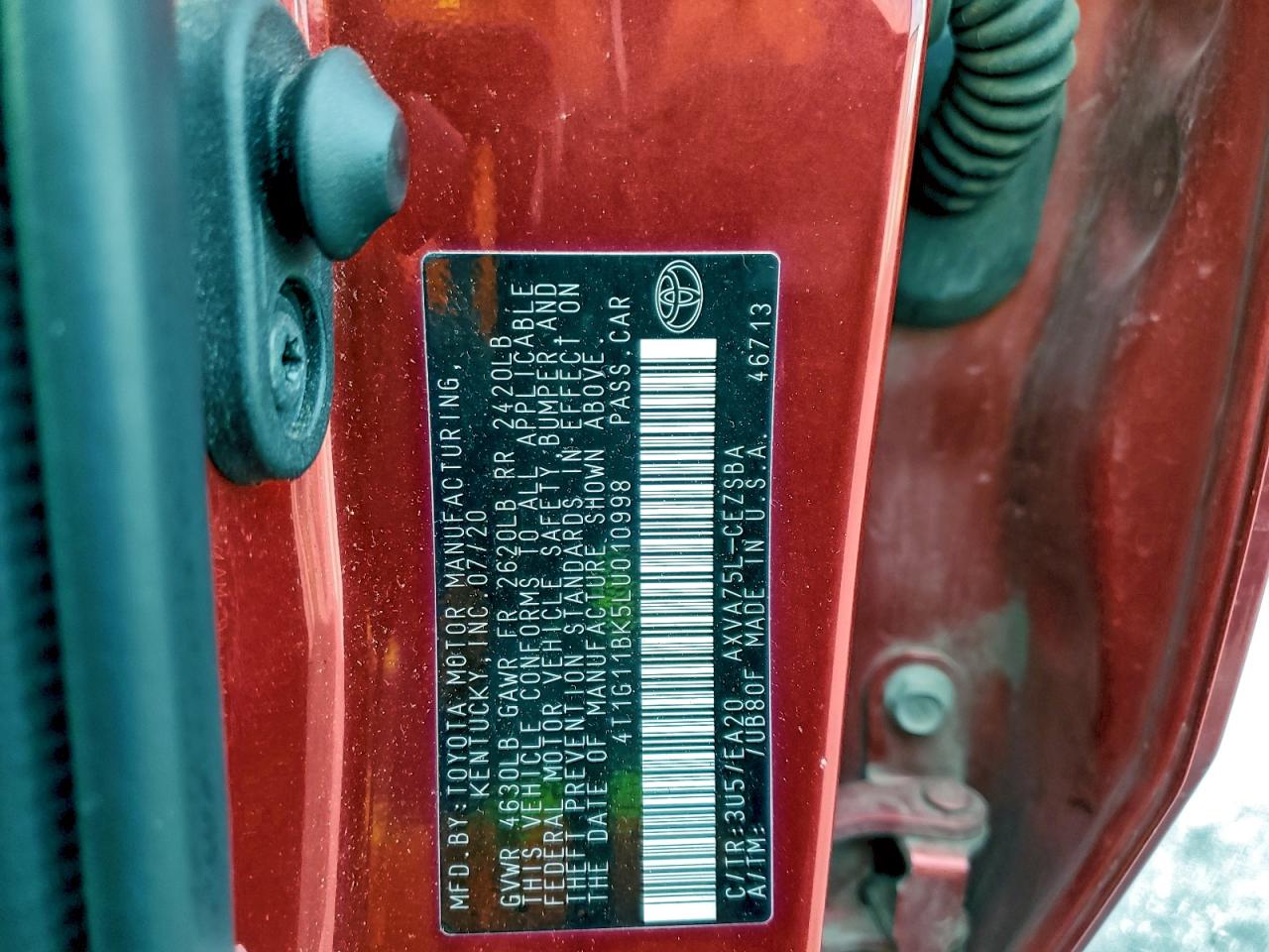 2020 Toyota Camry Se VIN: 4T1G11BK5LU010998 Lot: 93915695