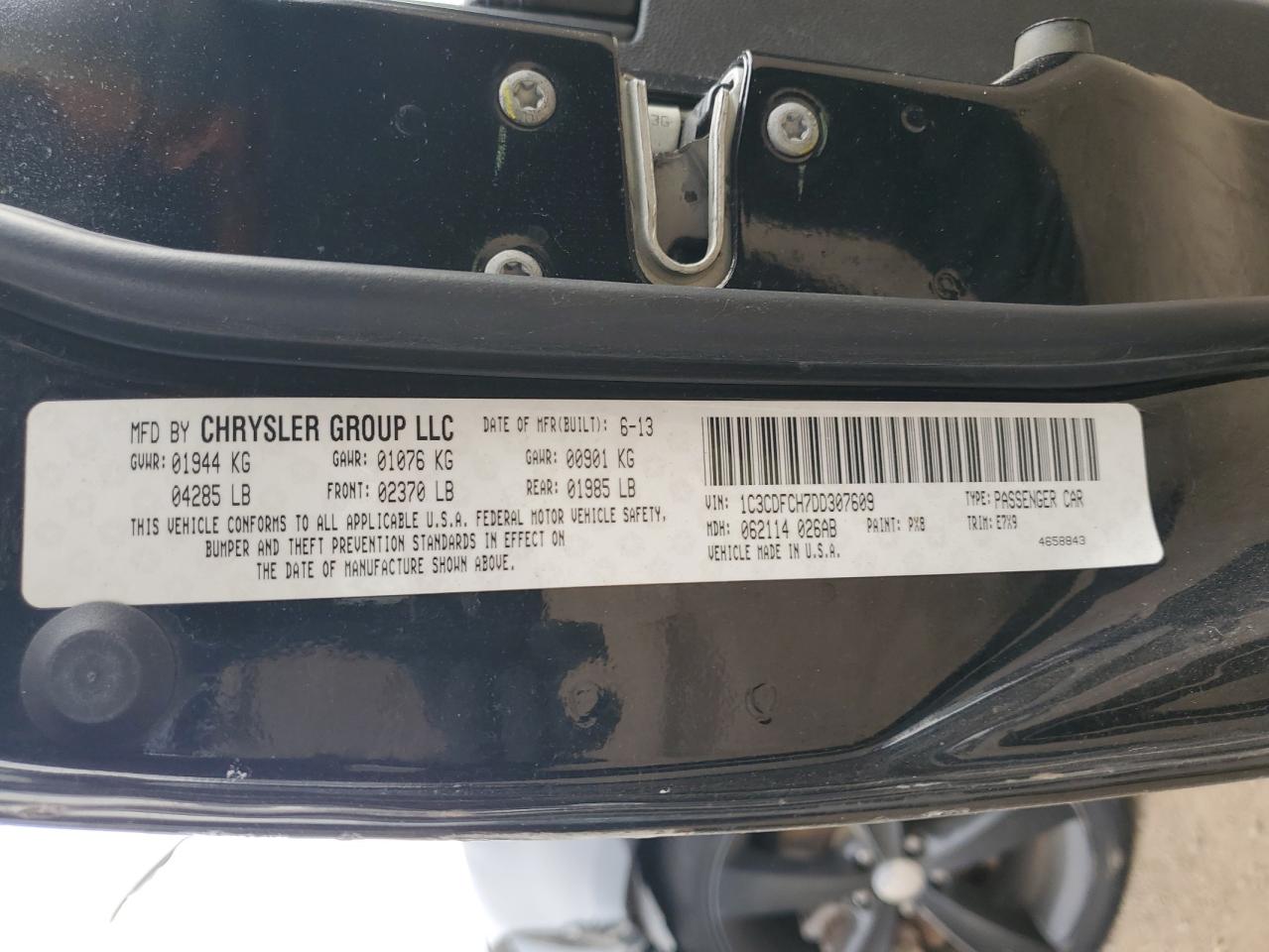 2013 Dodge Dart Limited VIN: 1C3CDFCH7DD307609 Lot: 91482525