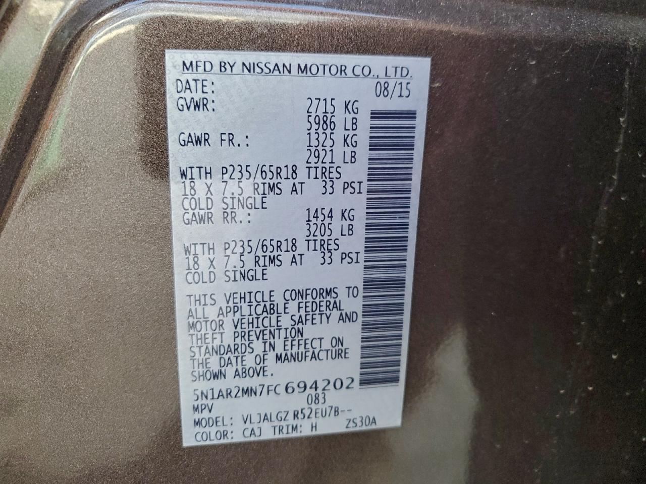 2015 Nissan Pathfinder S VIN: 5N1AR2MN7FC694202 Lot: 94052755