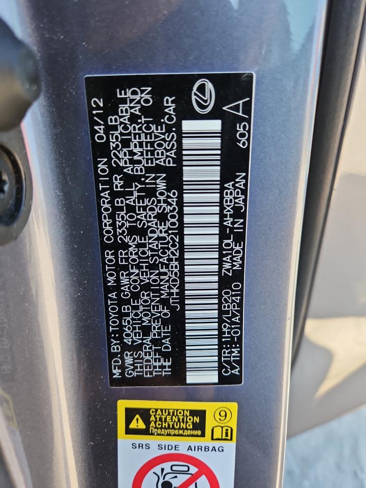 2012 Lexus Ct 200 VIN: JTHKD5BH2C2100346 Lot: 93431105