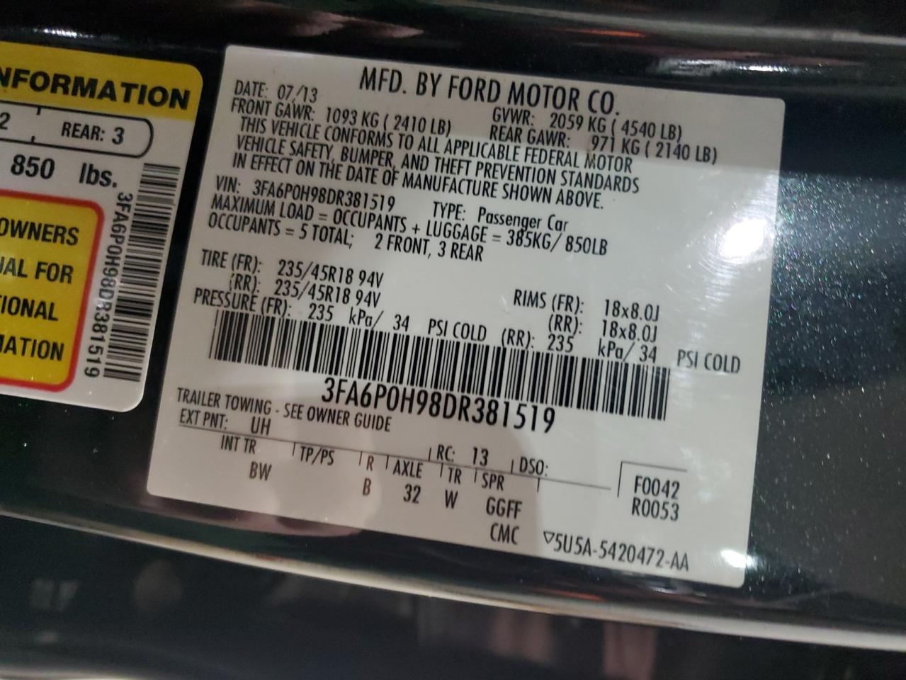 2013 Ford Fusion Se VIN: 3FA6P0H98DR381519 Lot: 93206265