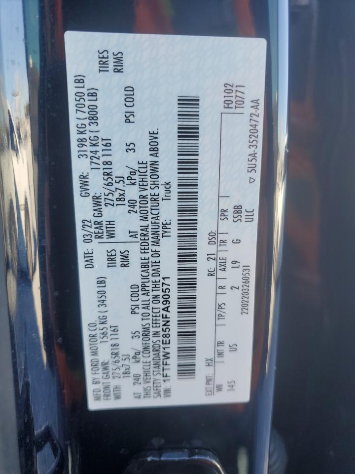 2022 Ford F150 Supercrew VIN: 1FTFW1E85NFA90571 Lot: 91970775