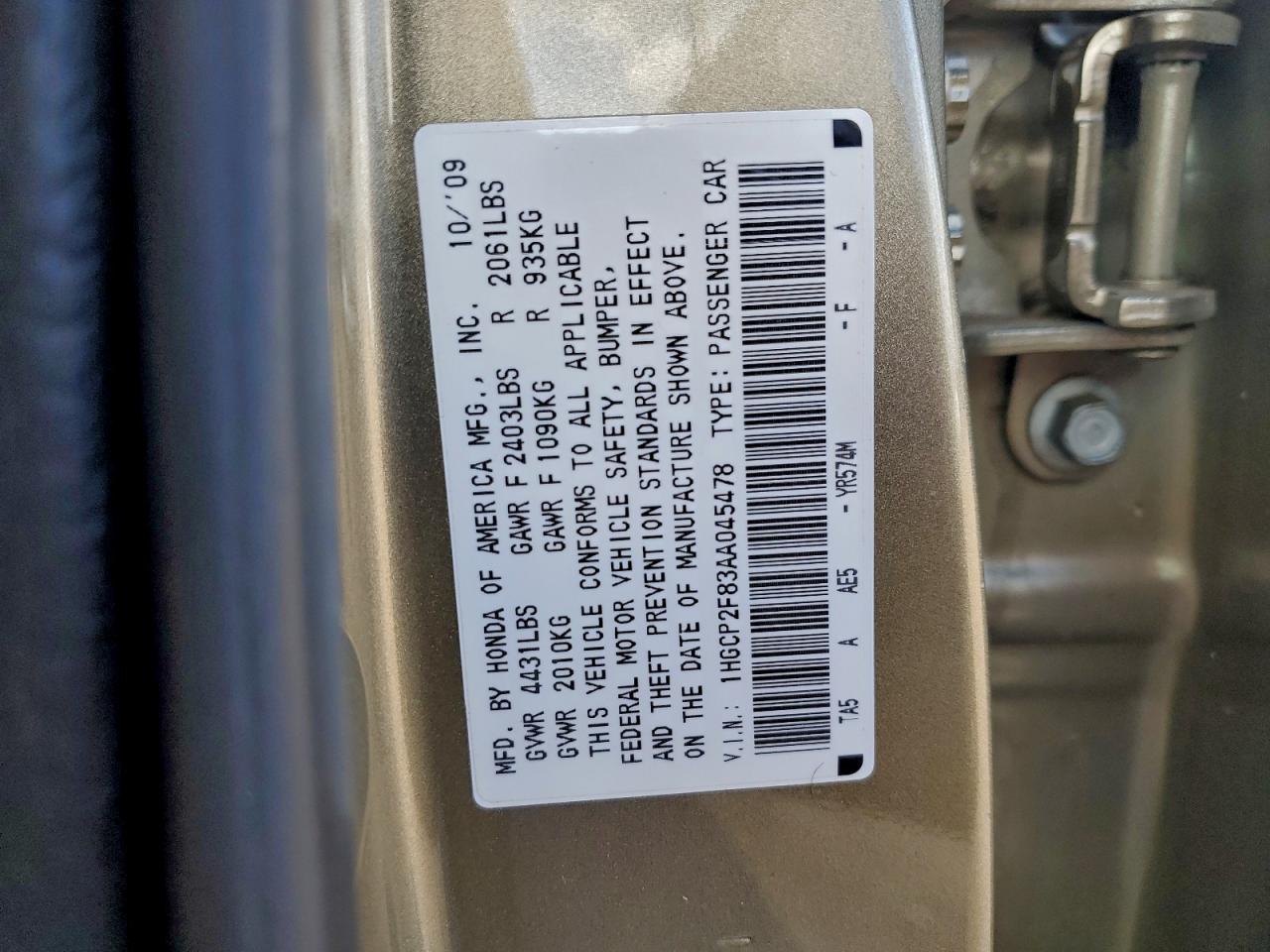 2010 Honda Accord Exl VIN: 1HGCP2F83AA045478 Lot: 94597265