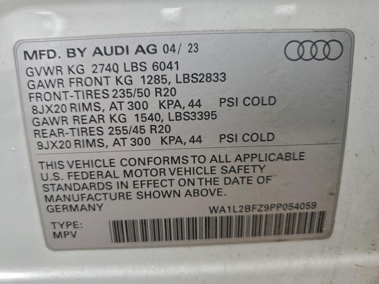 2023 Audi Q4 E-Tron Premium Plus VIN: WA1L2BFZ9PP054059 Lot: 93426705