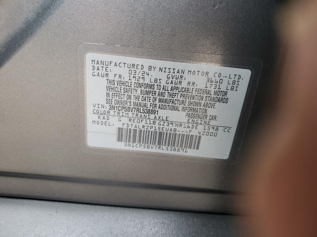 2024 Nissan Kicks S VIN: 3N1CP5BV7RL538891 Lot: 93682635