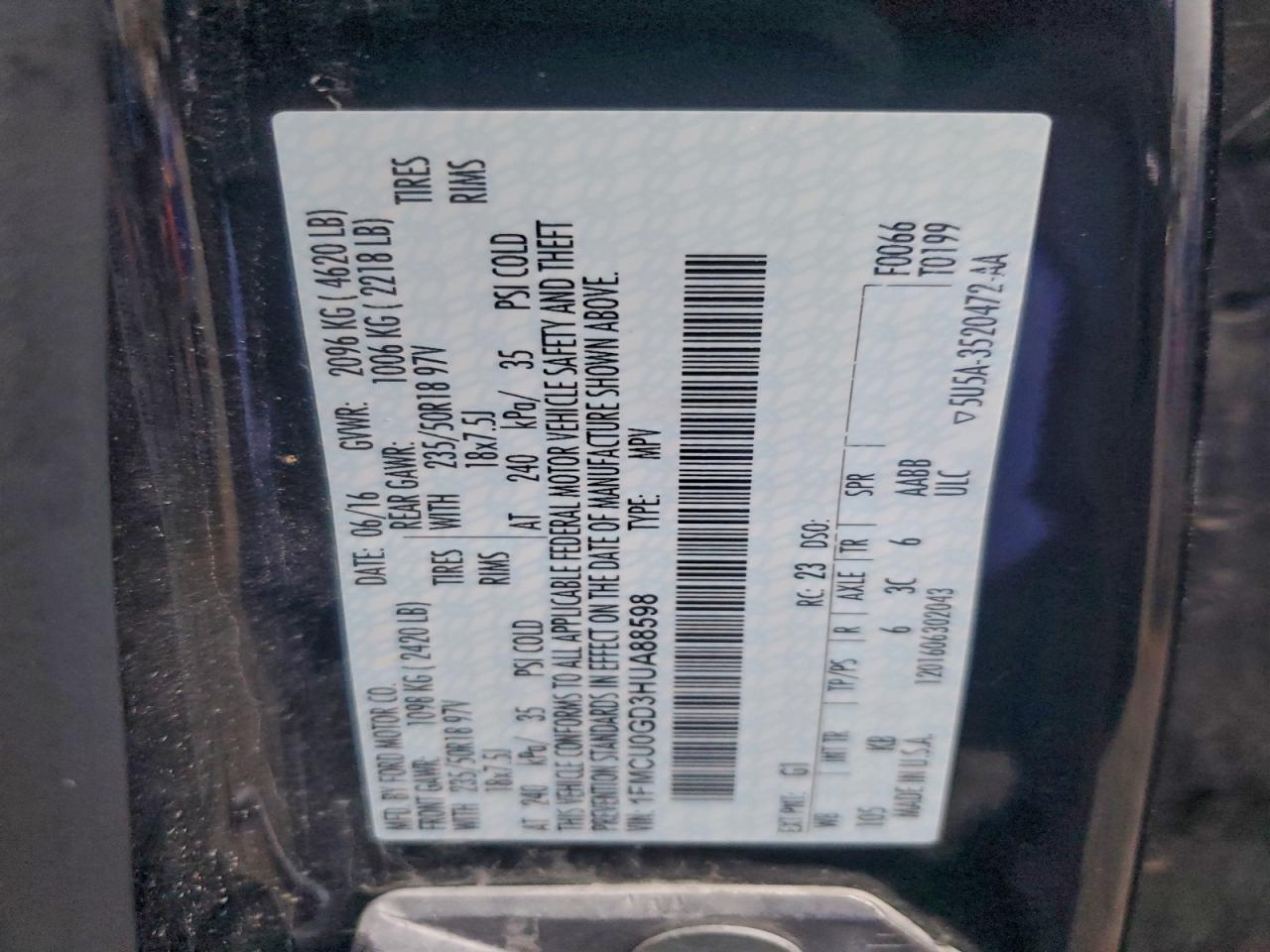 2017 Ford Escape Se VIN: 1FMCU0GD3HUA88598 Lot: 93218835