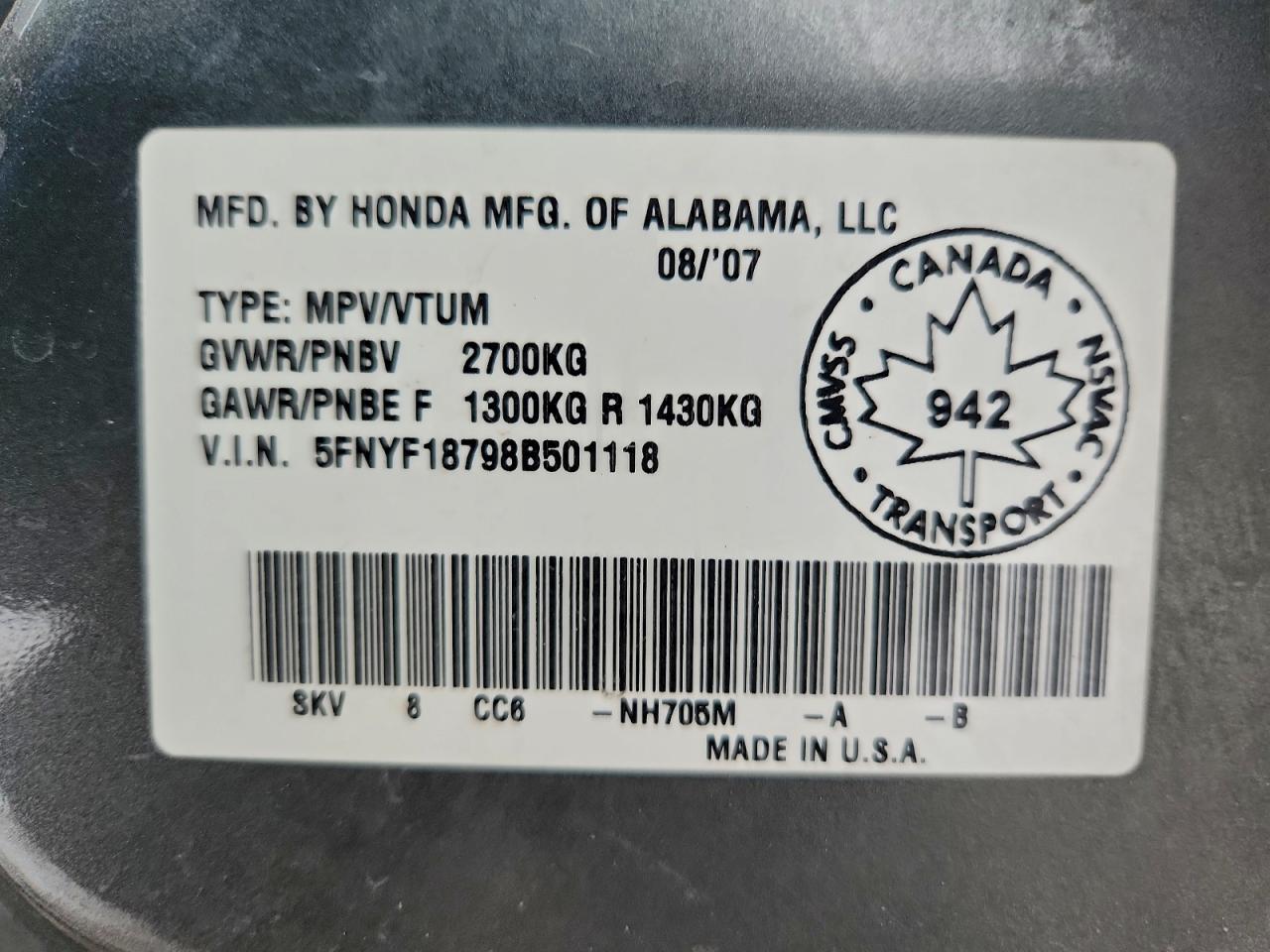 2008 Honda Pilot Exl VIN: 5FNYF18798B501118 Lot: 94503135