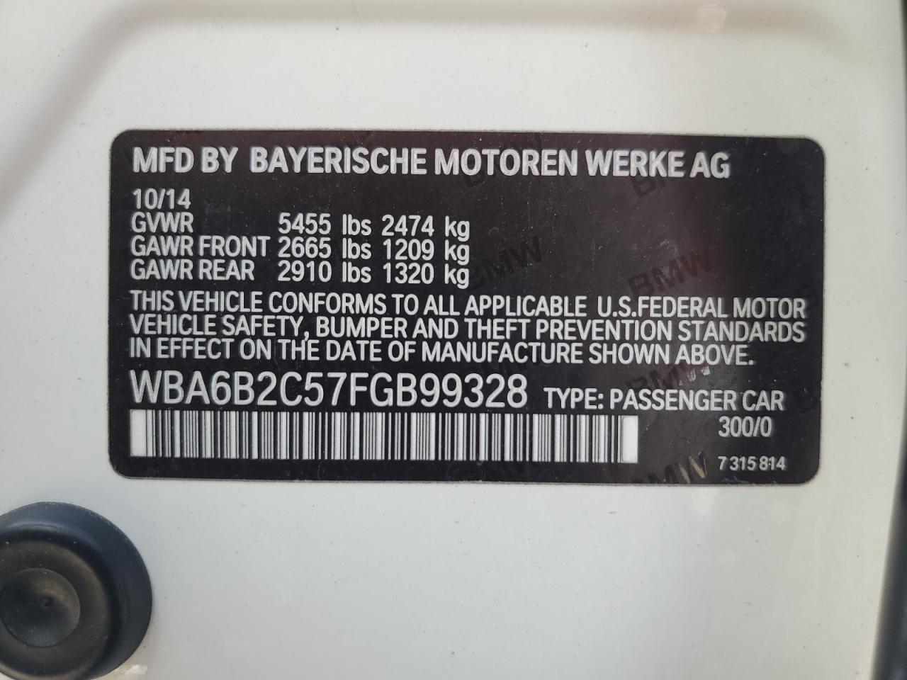 2015 BMW 650 I Gran Coupe VIN: WBA6B2C57FGB99328 Lot: 92264175