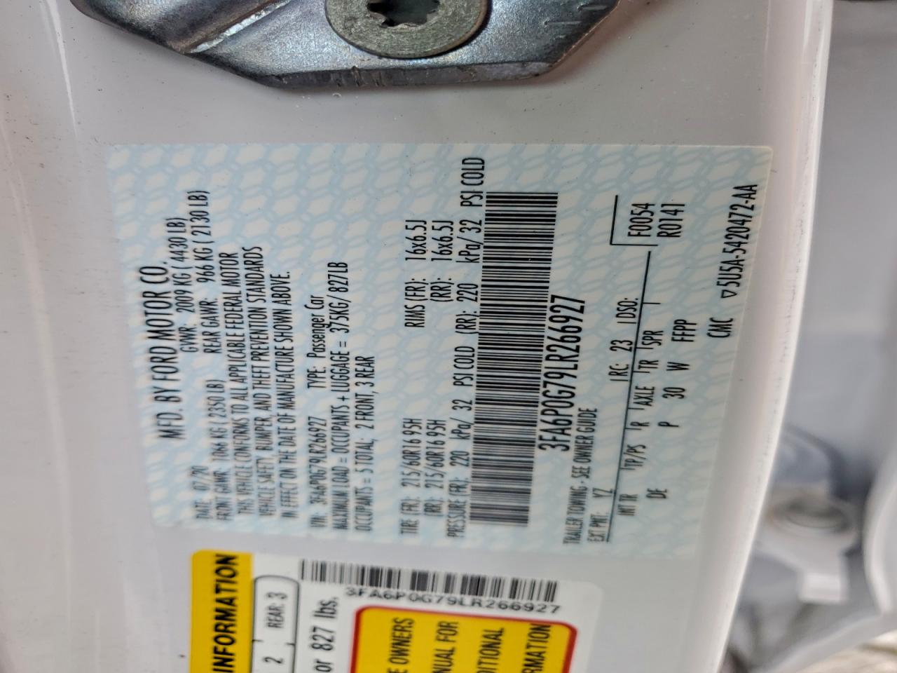 2020 Ford Fusion S VIN: 3FA6P0G79LR266927 Lot: 94314205